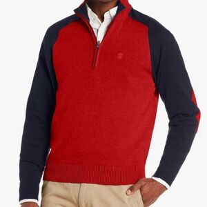 IZOD Men's 1/4 Zip Color Blocked Arm and Elbow Patch Sweater. Size XL. Red/Blue